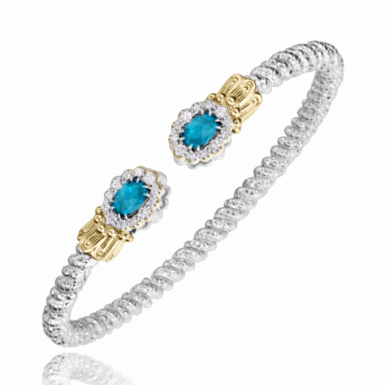 14K Yellow Gold and Sterling Silver Diamond Turquoise Bangle Bracelet Luxury Style Allure Finish