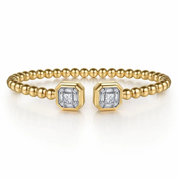 14K Yellow Gold Bujukan Baguette and Princess Diamond Split Bangle Bracelet Stylish Glow