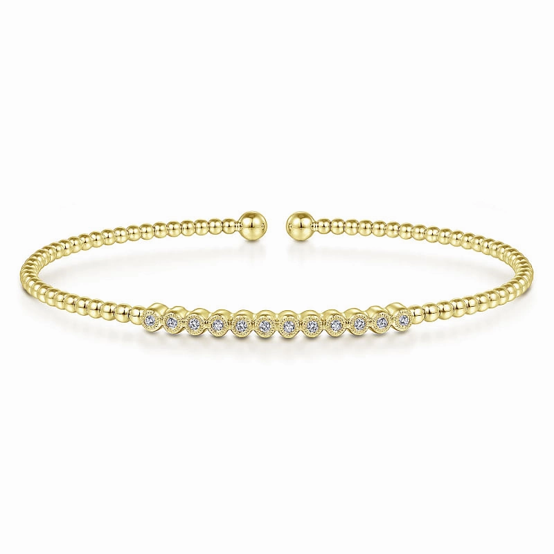 14K Yellow Gold Bujukan Bead Cuff Bracelet with Bezel Set Diamond Stations Light Fit Accent Detail