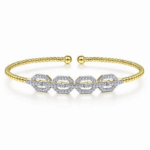Natural Sparkle Shining Feature 14K Yellow Gold Bujukan Bead Cuff Bracelet with Diamond Pave Links