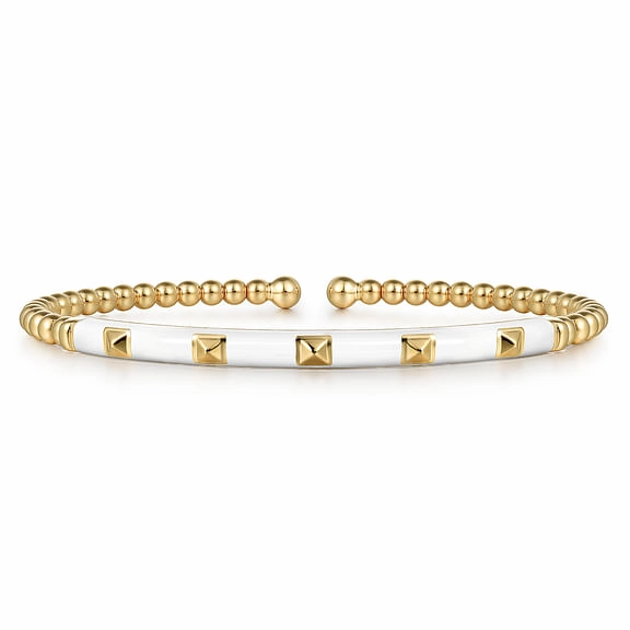 14K Yellow Gold Bujukan Beads and Pyramid Split Bangle with White Enamel Model Mood