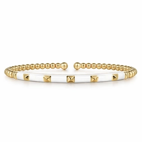 14K Yellow Gold Bujukan Beads and Pyramid Split Bangle with White Enamel Model Mood