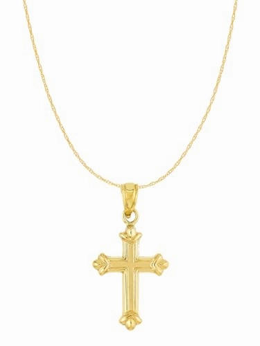 14k Yellow Gold Cross Pendant Necklace with Fleuree Design 25x12mm with Chain Party Style