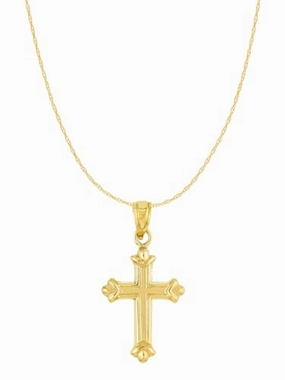 14k Yellow Gold Cross Pendant Necklace with Fleuree Design 25x12mm with Chain Party Style