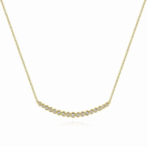 Perfect Fit 14K Yellow Gold Curved Bar Necklace with Bezel Set Round Diamonds