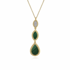 Timeless Beauty Chic Line 14K Yellow Gold Diamond and Malachite Rope Drop Pendant Necklace