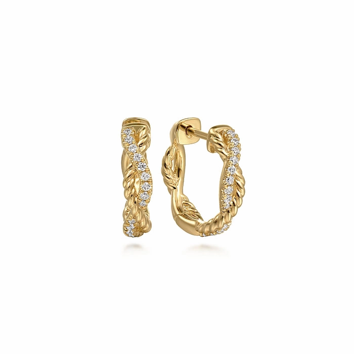 14K Yellow Gold Diamond And Rope 15mm Huggie Earrings Dainty Sparkle