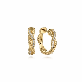 14K Yellow Gold Diamond And Rope 15mm Huggie Earrings Dainty Sparkle