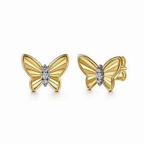 14K Yellow Gold Diamond Butterfly Stud Earrings Romantic Event Creative Craft