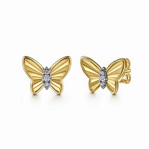 14K Yellow Gold Diamond Butterfly Stud Earrings Romantic Event Creative Craft