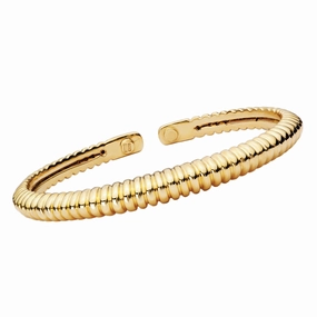14K Yellow Gold Hollow Flexible Cuff with Ribbed Pattern Soft Match Natural Touch