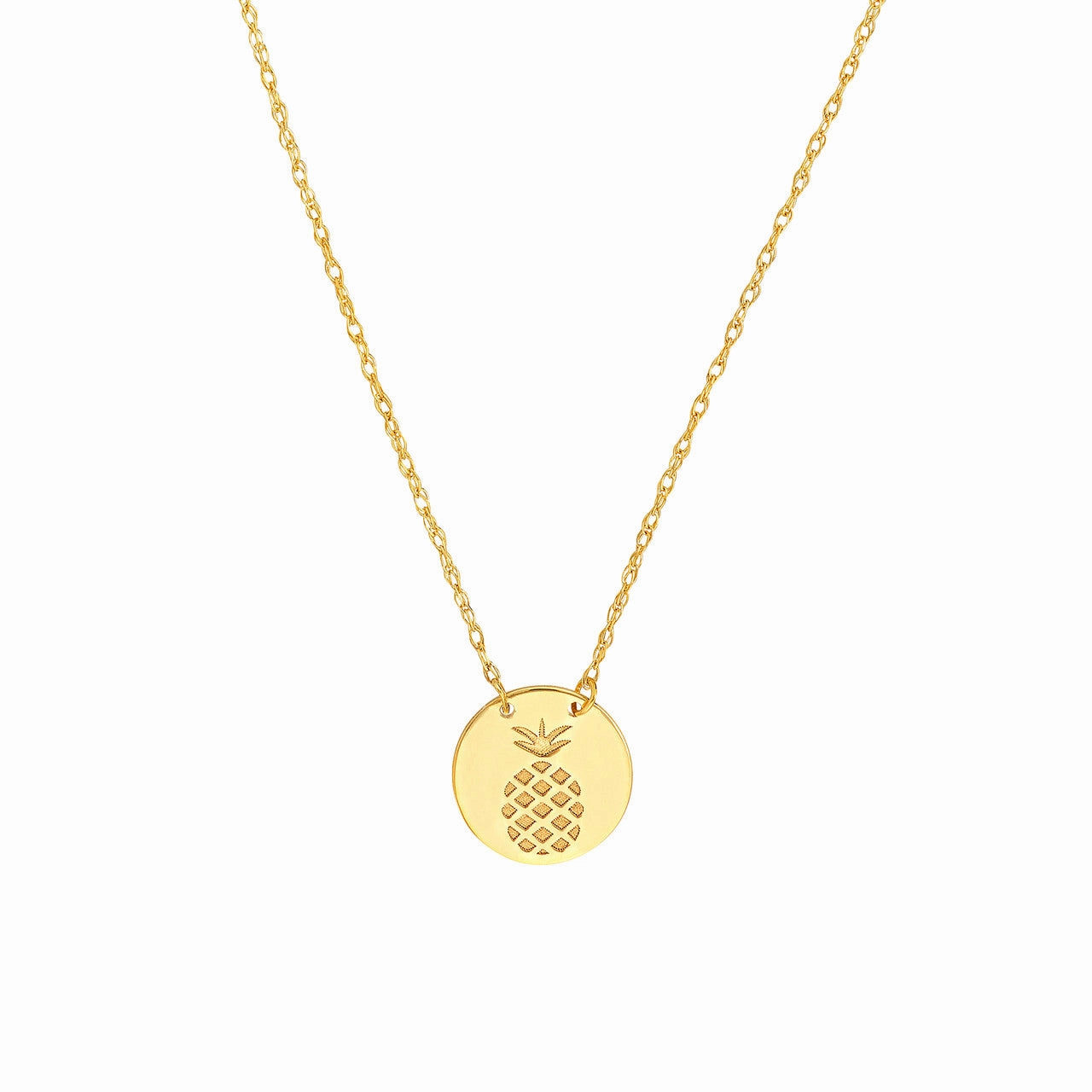 Peaceful Style 14k Yellow Gold Mini Disk Pendant Necklace with Engraved Pineapple