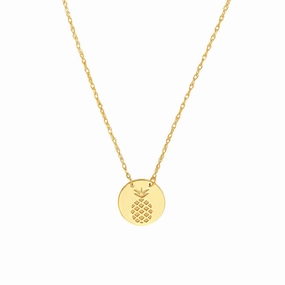 Peaceful Style 14k Yellow Gold Mini Disk Pendant Necklace with Engraved Pineapple