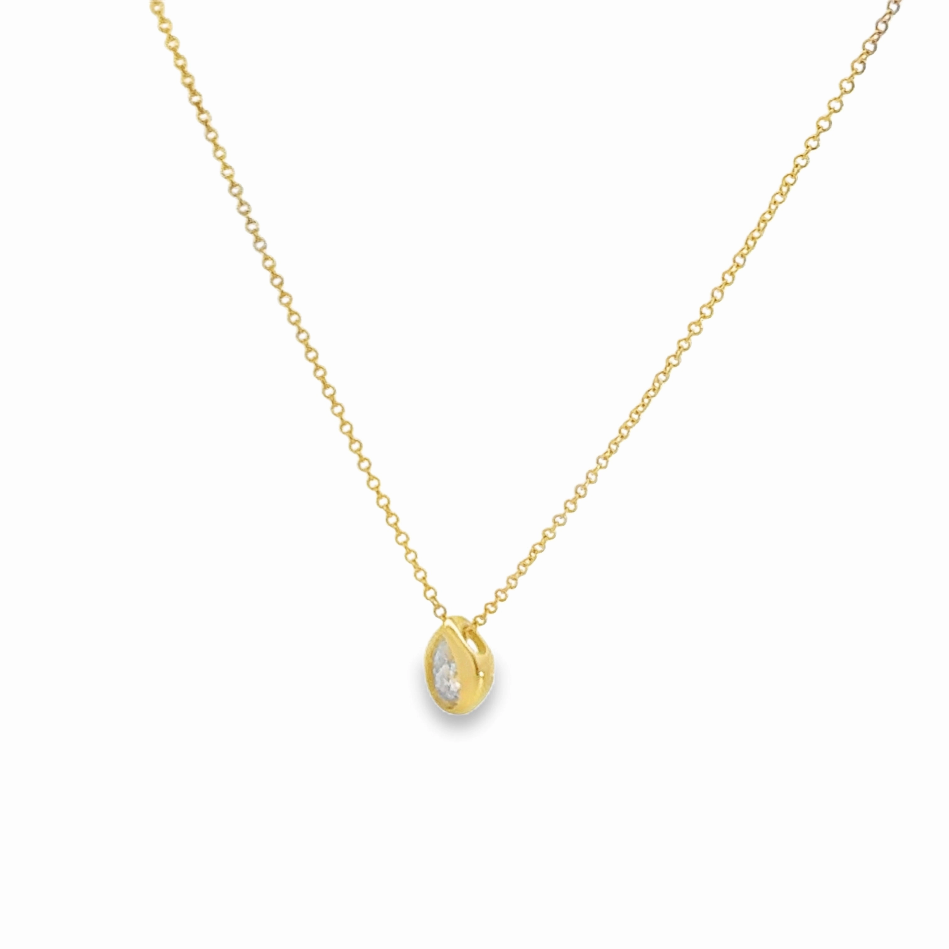 14K Yellow Gold Pear-Shaped Diamond Shell Bezel Set Necklace Crisp Sparkle Iconic Touch