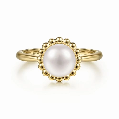 14K Yellow Gold Pearl Ring with Bujukan Beaded Halo Crisp Finish