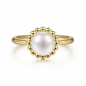 14K Yellow Gold Pearl Ring with Bujukan Beaded Halo Crisp Finish
