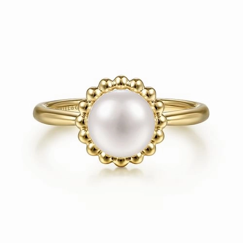 14K Yellow Gold Pearl Ring with Bujukan Beaded Halo Elegant Occasion