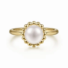 14K Yellow Gold Pearl Ring with Bujukan Beaded Halo Elegant Occasion