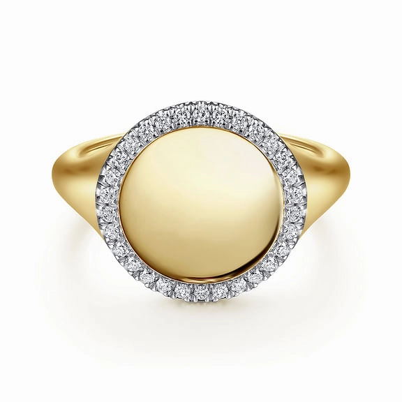 14K Yellow Gold Pinky Signet Ring with Diamond Halo Dress Up Time