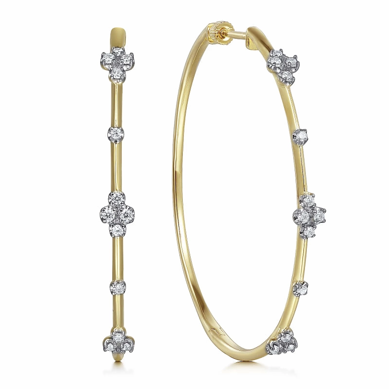 Rich Texture Striking Detail 14K Yellow Gold Prong Set 50mm Round Classic Diamond Hoop Earrings