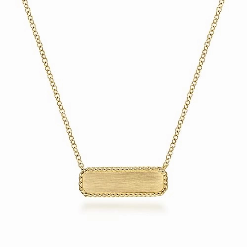 14K Yellow Gold Rectangular ID Pendant Necklace with Twisted Rope Frame Delicate Piece Sleek Texture