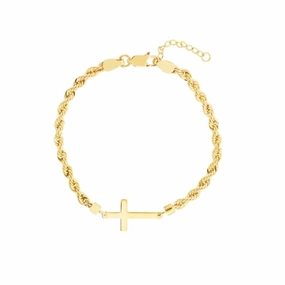 Eco-Friendly Picks Unconventional Thinker 14k Yellow Gold Rope Bracelet with Side Set Cross Adjustable Length