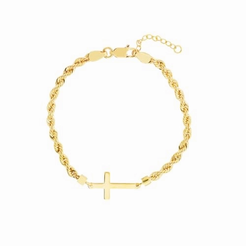 Eco-Friendly Picks Unconventional Thinker 14k Yellow Gold Rope Bracelet with Side Set Cross Adjustable Length