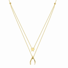 14k Yellow Gold Star and Wishbone Necklace - Layered Duos Seasonal Accent