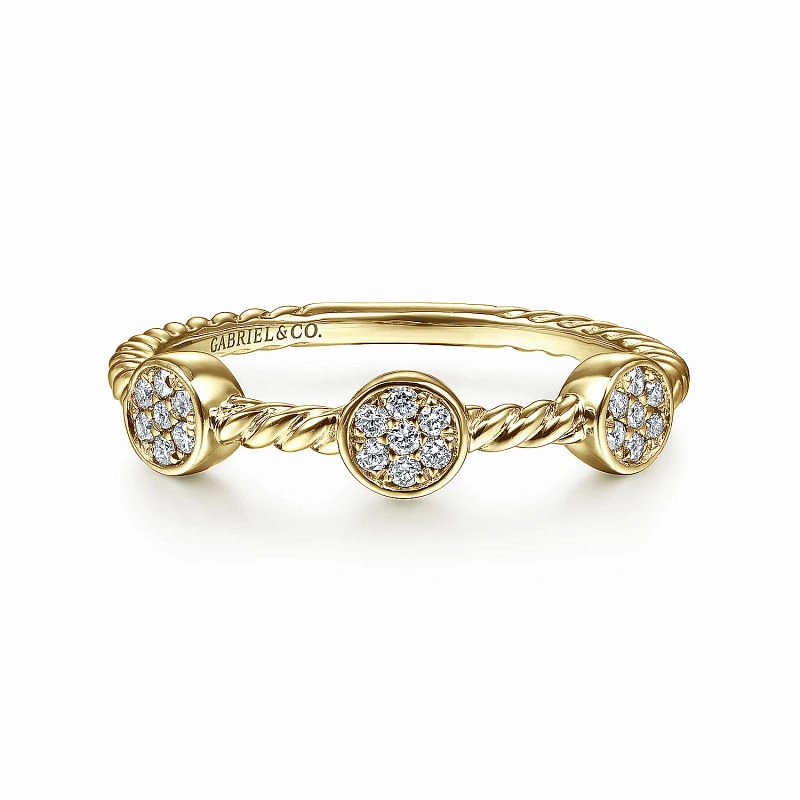 Festive Set 14K Yellow Gold Twisted Rope Cluster Diamond Station Stackable Ring