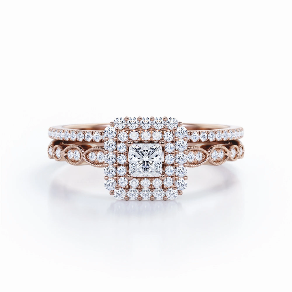 Exhibition Piece 1.05 Carat Princess Cut Diamond Double Halo Wedding Ring Set In White Gold