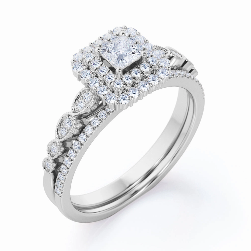 1.05 Carat Princess Cut Diamond Double Halo Wedding Ring Set In White Gold HighEnd Mark Creative Symbol