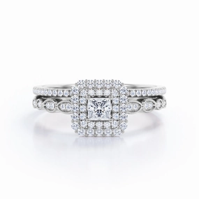 1.05 Carat Princess Cut Diamond Double Halo Wedding Ring Set In White Gold Handcrafted Product New Age