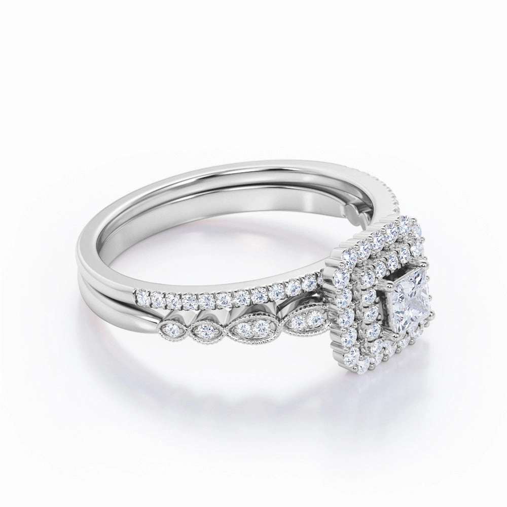 Weekend Style Festival Accent 1.05 Carat Princess Cut Diamond Double Halo Wedding Ring Set In White Gold