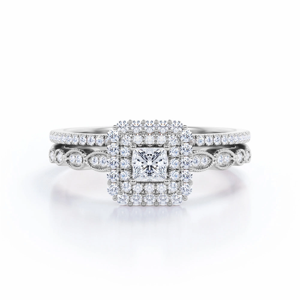 Concrete Object Sentimental Work 1.05 Carat Princess Cut Diamond Double Halo Wedding Ring Set In White Gold