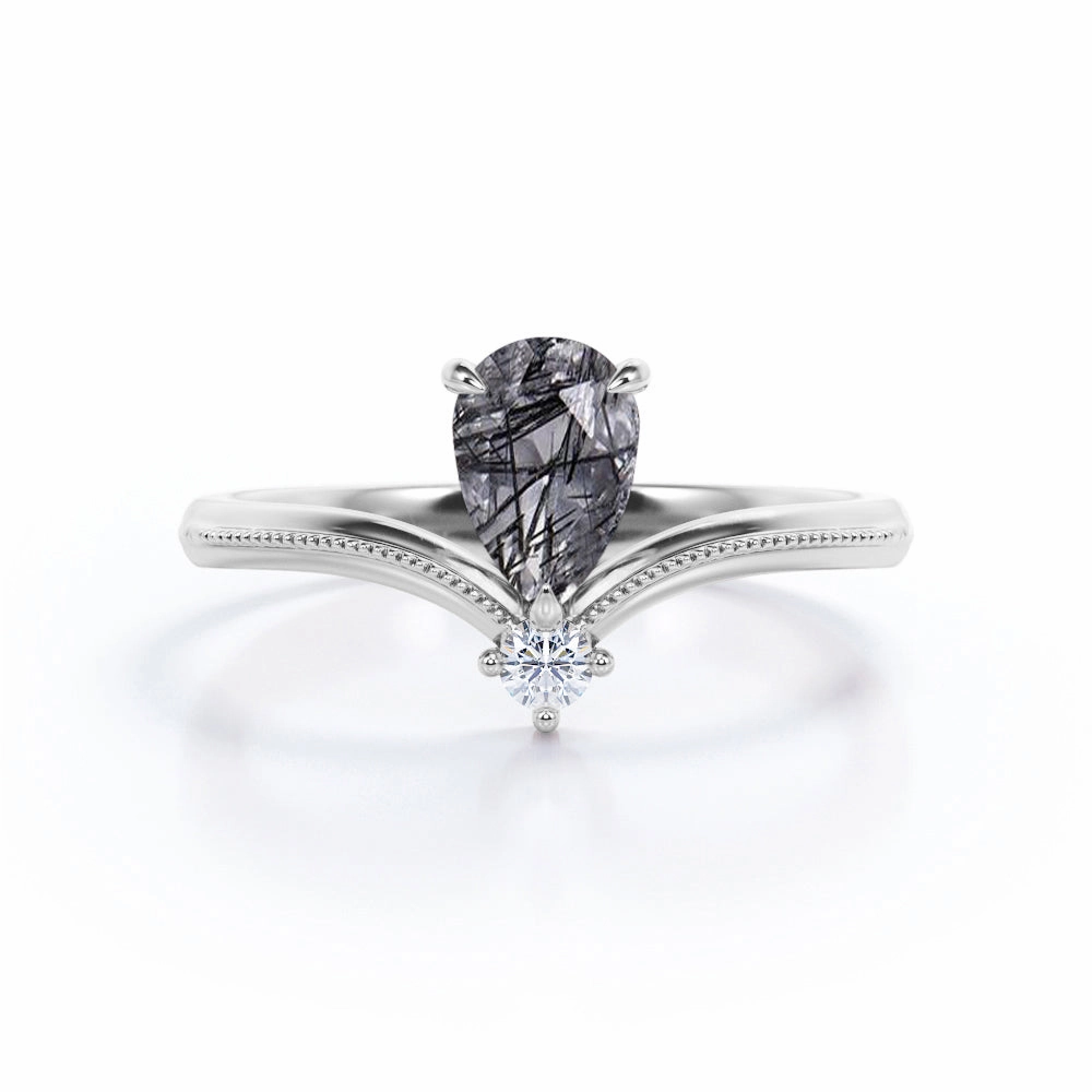 1.05 ct Tear Drop Black Rutilated Quartz Chevron Engagement Ring Artisan Symbol