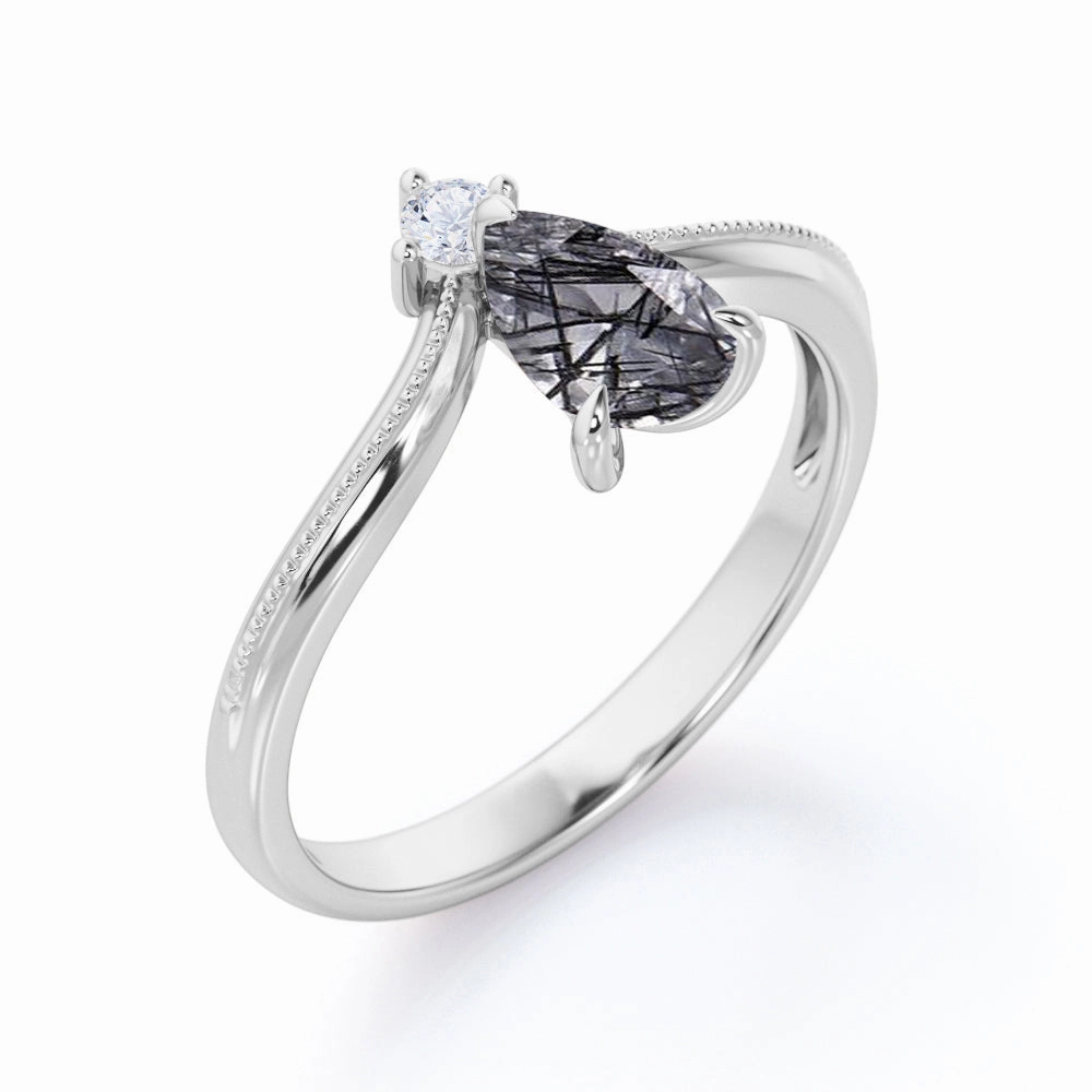 1.05 ct Tear Drop Black Rutilated Quartz Chevron Engagement Ring Artisan Style Economical Accessory