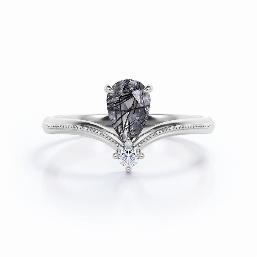 1.05 ct Tear Drop Black Rutilated Quartz Chevron Engagement Ring Brilliant Statement