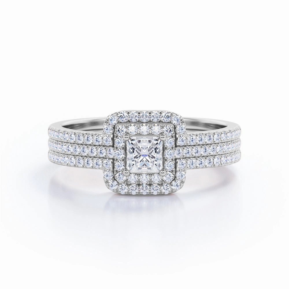 1.05 TCW Princess Cut Diamond Pave Halo and Shank Trio Bridal Set in 10K White Gold Chic Ornament