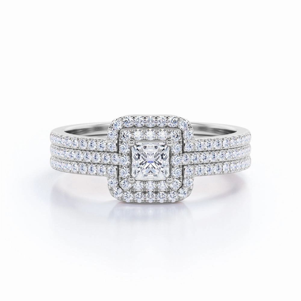 Wonderful Piece Stylish Accessory 1.05 TCW Princess Cut Diamond Pave Halo and Shank Trio Bridal Set in 10K White Gold