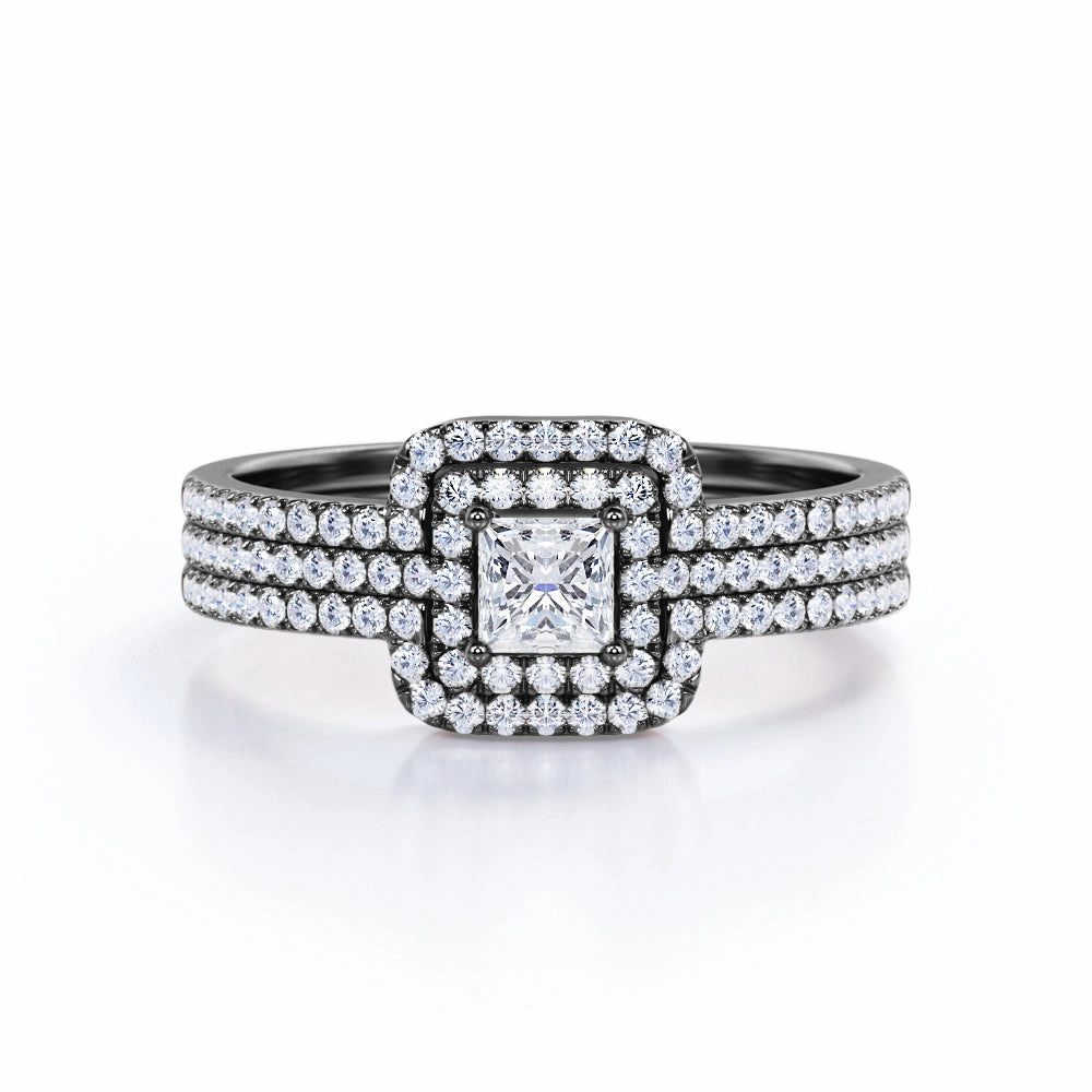 1.05 TCW Princess Cut Diamond Pave Halo and Shank Trio Bridal Set in 10K White Gold Elegant Harmony Quality Ornament