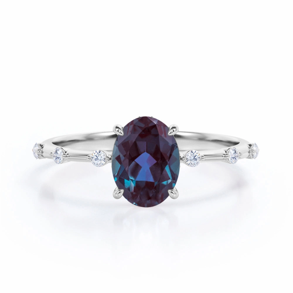 Ready Made Handcrafted Jewelry 1.10 Ct Oval Lab Alexandrite Seven Stone Engagement Ring
