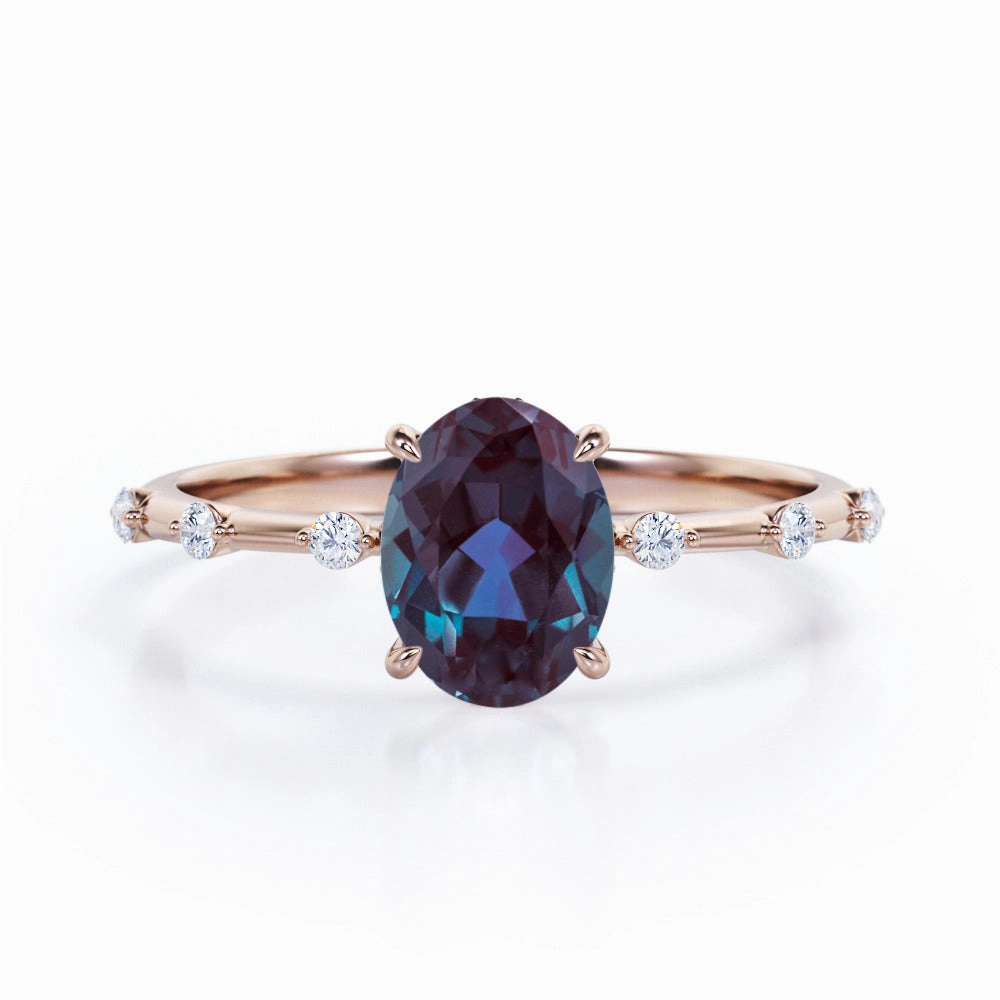 1.10 Ct Oval Lab Alexandrite Seven Stone Engagement Ring Contemporary Keepsake Delicate Piece