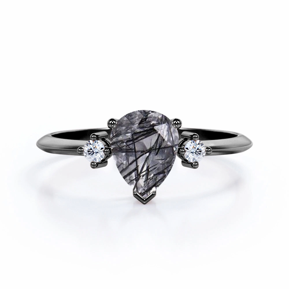 1.10 ct Pear Black Rutilated Quartz Three Stone Engagement Ring Special Day Luxury Accessory