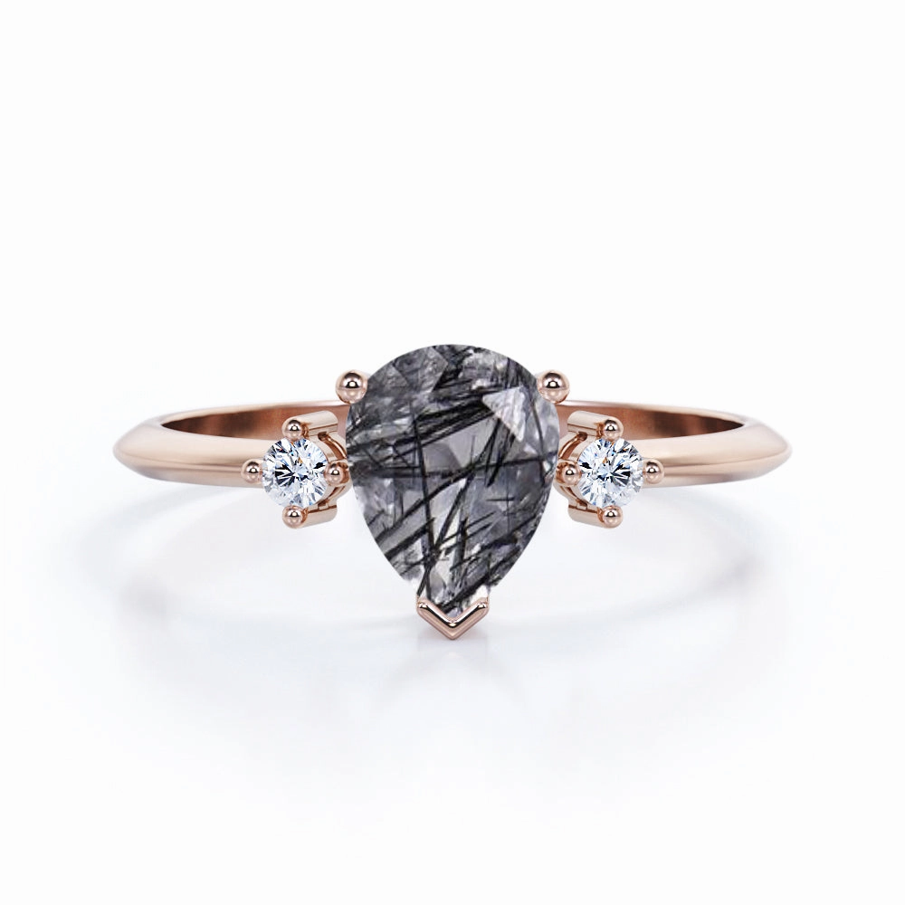 1.10 ct Pear Black Rutilated Quartz Three Stone Engagement Ring Economical Embellishment