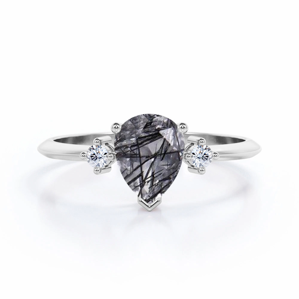 Creative Accent 1.10 ct Pear Black Rutilated Quartz Three Stone Engagement Ring