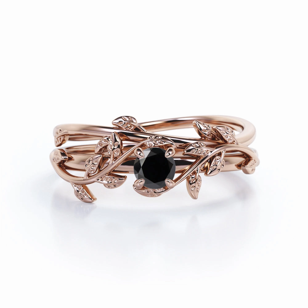 1.10 ct Round Lab Black Diamond Leaf Wedding Set Display Model Graceful Contour