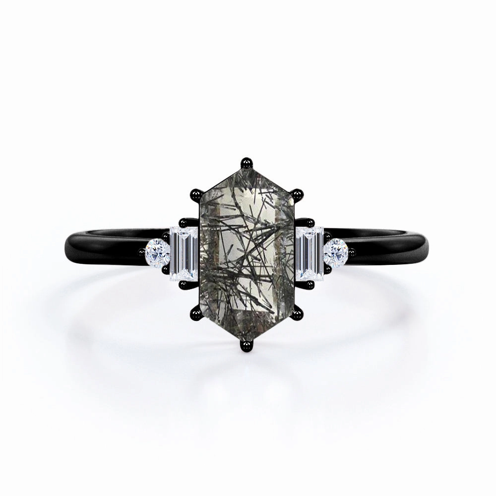 Durable Adornment Simple Insignia 1.15 ct Hexagon Black Rutilated Quartz Five Stone Engagement Ring