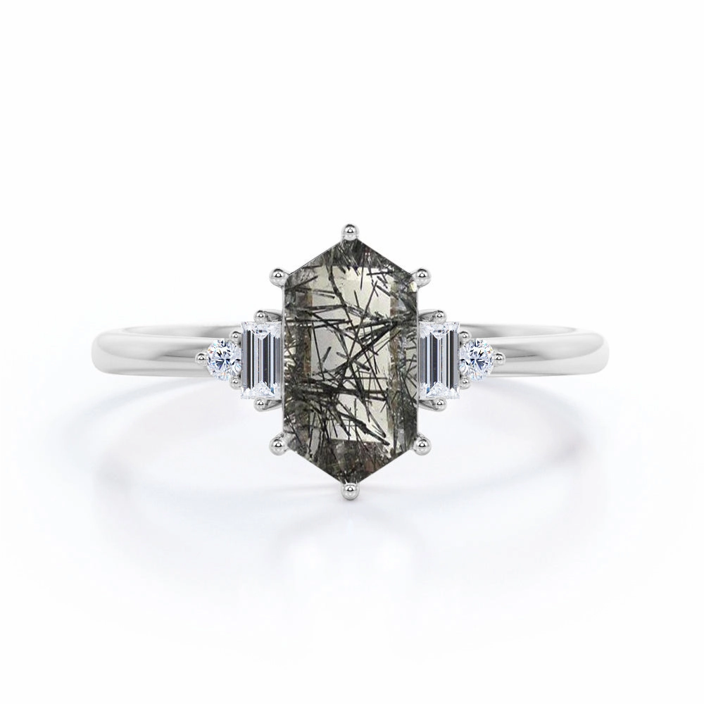 Petite Favorite Graceful Harmony 1.15 ct Hexagon Black Rutilated Quartz Five Stone Engagement Ring