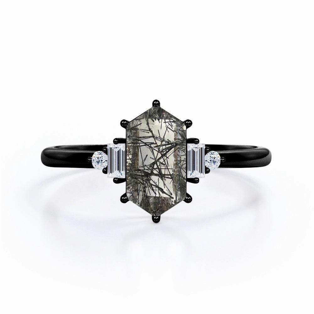 Traditional Sign Shimmer Mood 1.15 ct Hexagon Black Rutilated Quartz Five Stone Engagement Ring