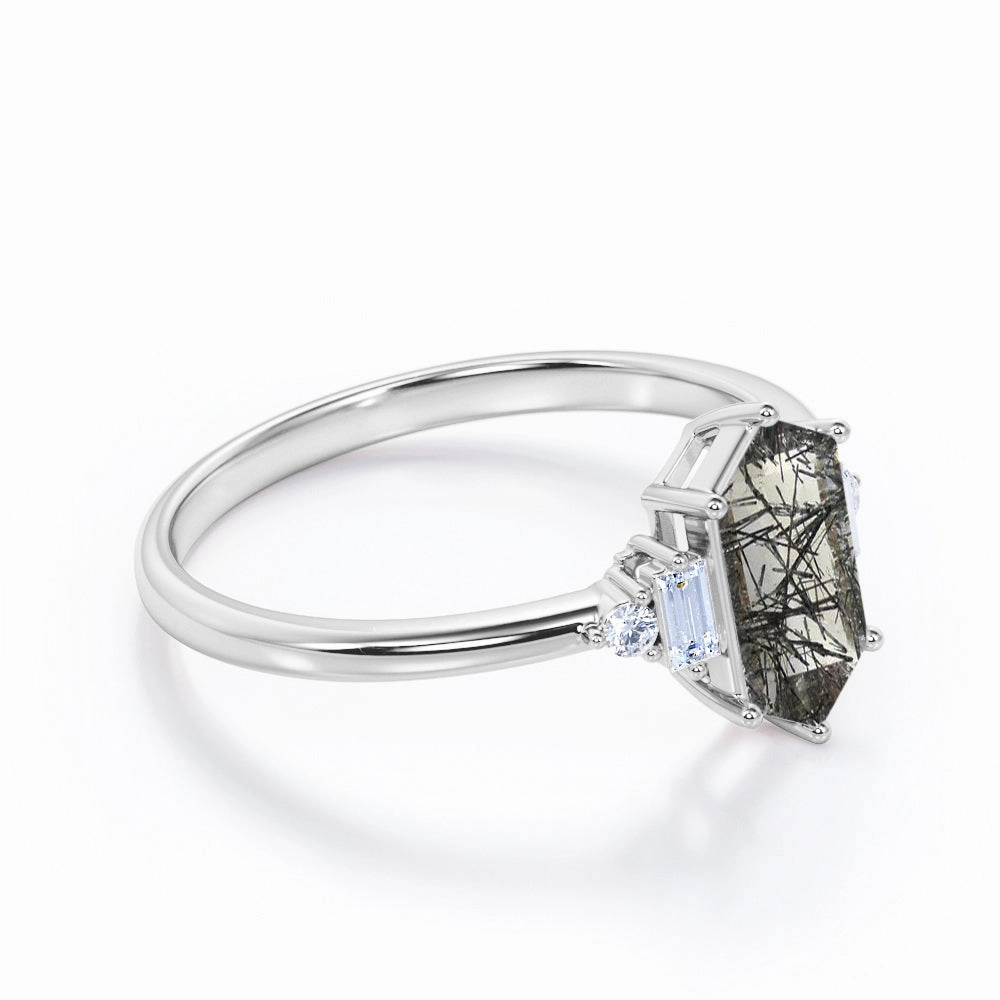 1.15 ct Hexagon Black Rutilated Quartz Five Stone Engagement Ring Vivid Accent